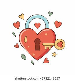 Cadeado em forma de coração com chave e corações de amor flutuantes