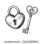 Heart shaped padlock and key. Hand drawn ink sketch. Vintage style.