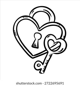 Cadeado em forma de coração com chave. Símbolo de amor e confiança desenhado à mão. Ilustração isolada de contorno de vetor sobre fundo branco