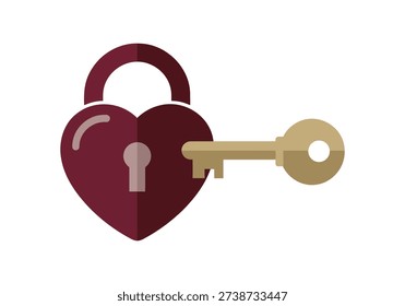 Heart shaped padlock with key inserted in keyhole for unlocking love, true passion, and romantic commitment. Symbol of deep secrets and hidden emotions.