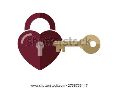 Heart shaped padlock with key inserted in keyhole for unlocking love, true passion, and romantic commitment. Symbol of deep secrets and hidden emotions.