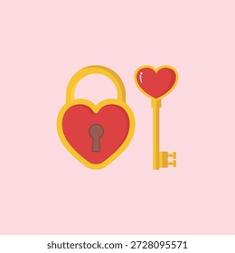 Cadeado em forma de coração com símbolo de amor chave ilustração vetor isolado no fundo rosa
