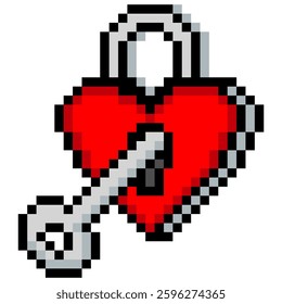 Heart shaped padlock with key in pixel art