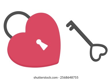 Heart shaped padlock and key in red colors symbolize love, affection, and security, designed in a cute vector style for Valentine's Day, featuring a romance concept, isolated icon on white background