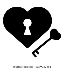 Heart shaped padlock and key solid icon. Lock and key in heart shape illustration isolated on white. Valentine Day padlock and key glyph style design, designed for web and app. Eps 10