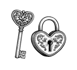 Heart Shaped Padlock And Key. Valentine Day Design. Hand Drawn Ink Sketch. Retro Style.