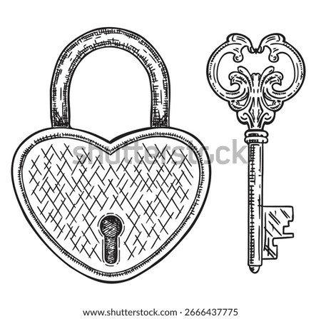 Heart shaped padlock and key. Valentines day love sketch concept. Wedding concept, valentines day symbol, Romantic Protection, Safety Security sign on white