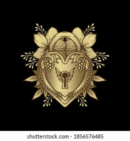 Heart shaped padlock in luxury vintage engraved style with flourish ornament.