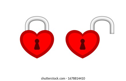 heart shaped padlock red in locked and unlocked isolated on white, red padlock heart for love romantic feeling, heart shape padlock for icon cute, valentine's day icon with lock and unlock key heart