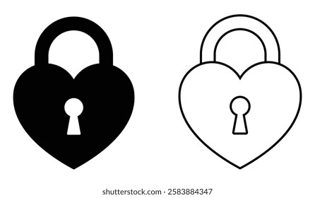 Heart shaped padlock vector icon set. Romantic heart lock design. Black outline and silhouette illustration isolated on white background.