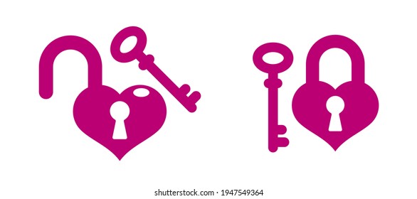 Heart shaped padlock vector logo or icon, lock and turnkey love theme in a shape of heart open or closed emotions, secret feelings concept, Valentine theme.