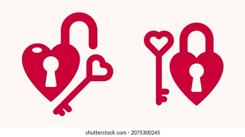 Heart shaped padlock vector logo or icon, lock and turnkey love theme in a shape of heart open or closed emotions, secret feelings concept, Valentine theme.