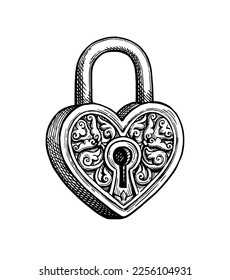 Heart shaped padlock with vintage ornament. Valentine day design. Hand drawn ink sketch. Retro style.