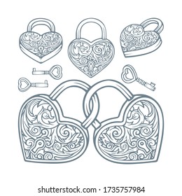 Heart shaped padlocks and keys with vintage style floral ornaments. Symbol of relationship, love and friendship vector illustrations set. Part of collection.