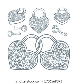 Heart shaped padlocks and keys with vintage style floral ornaments. Symbol of relationship, love and friendship vector illustrations set. Part of collection.