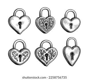 Heart shaped padlocks set. Valentine day design. Hand drawn ink sketch. Retro style.