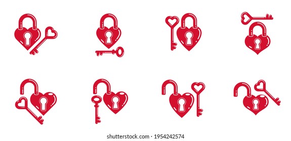 Heart shaped padlocks vector logos or icons set, locks and turnkeys love theme in a shape of hearts open or closed emotions, secret feelings concept, Valentine theme.