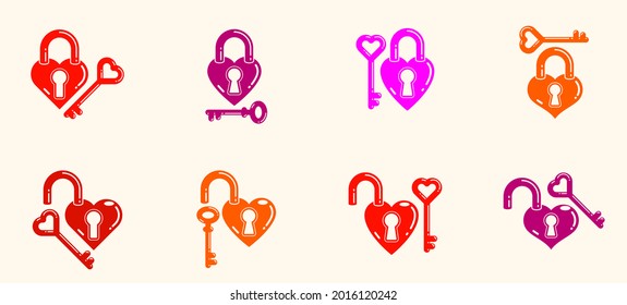 Candados en forma de corazón logos vectores o íconos establecidos, candados y llaves de paso adoran el tema en forma de corazones abiertos o cerrados emociones, concepto de sentimientos secretos, tema de San Valentín.