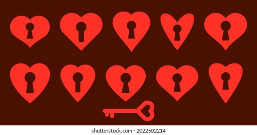 Heart shaped padlocks vector logos or icons set, locks and turnkeys love theme in a shape of hearts open or closed emotions, secret feelings concept, Valentine theme.