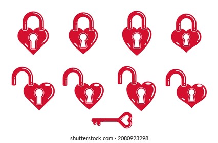 Heart shaped padlocks vector logos or icons set, locks and turnkeys love theme in a shape of hearts open or closed emotions, secret feelings concept, Valentine theme.