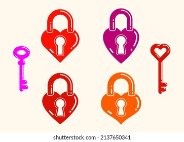 Heart shaped padlocks vector logos or icons set, locks and turnkeys love theme in a shape of hearts open or closed emotions, secret feelings concept, Valentine theme.