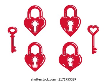 Heart shaped padlocks vector logos or icons set, locks and turnkeys love theme in a shape of hearts open or closed emotions, secret feelings concept, Valentine theme.
