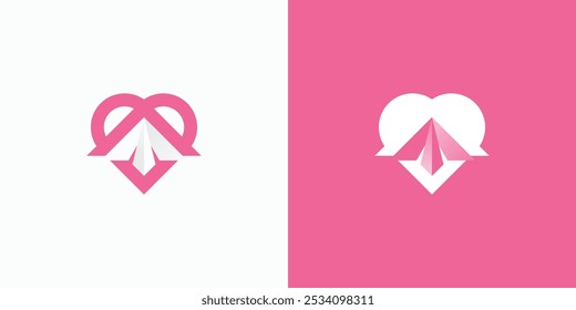 Heart shaped paper airplane vector logo design with modern, simple, clean and abstract style. Icon for business, messaging, delivery and personal branding.