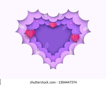 Heart shaped paper cut background with clouds, hanging hearts, branches. Valentine's Day decorative frame or the wedding invitation template. Vector Illustration. 