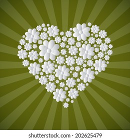 Heart Shaped Paper Cut Flowers on Green Retro Background
