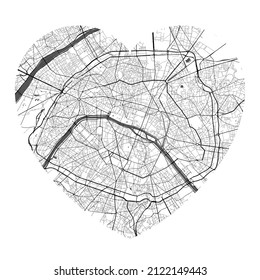 Heart shaped Paris city vector map. Black and white colors illustration. Roads, streets, rivers.