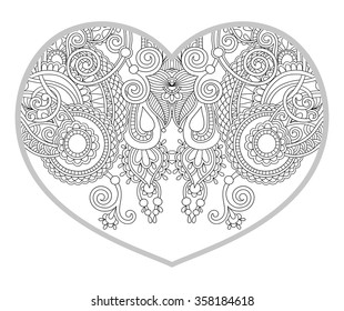 heart shaped pattern for adult and older children coloring book, black and white background for valentines day greeting card paisley hand made print, vector illustration