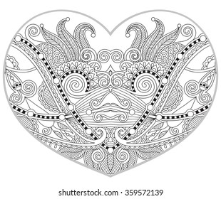 heart shaped pattern for adult and older children coloring book, black and white  background for valentines day greeting card paisley hand made print, vector illustration