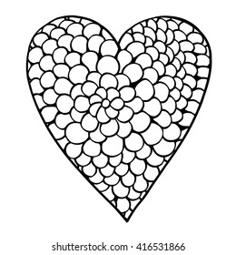 heart shaped pattern for adult and older children coloring book, black and white zentangle background for valentines day greeting card paisley hand made print, vector illustration