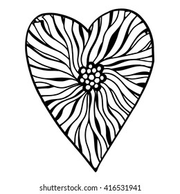 heart shaped pattern for adult and older children coloring book, black and white zentangle background for valentines day greeting card paisley hand made print, vector illustration