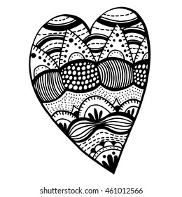 heart shaped pattern for adult and older children coloring book, black and white zentangle background for valentines day greeting card paisley hand made print, vector illustration