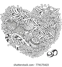 Heart shaped pattern with Christmas tree branches and balls. Xmas decoration. Coloring book page for adult. Black and white. Zentangle, doodle style.