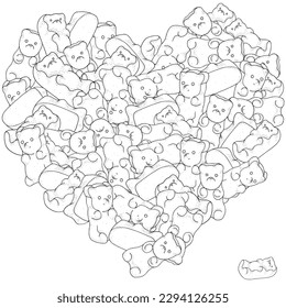 Heart shaped pattern with gummy bears. Adult coloring book page with shiny jelly bears. Black and white vector illustration.
