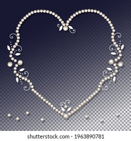 Heart shaped pearl frame with decorative elements isolated on transparent background. Luxury pearl necklace, border or corner for wedding, decoration, banners, cards or invitation. Vector illustration