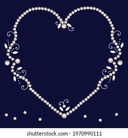 Heart shaped pearl frame with decorative elements isolated on navy background. Luxury pearl necklace, border or corner for wedding, decoration, banners, cards or invitation. Vector illustration