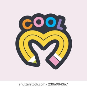 Heart shaped pencil sticker. Drawing and writing concept. Cute icon with school stationery. Colorful cool badge for social media and print. Cartoon flat vector illustration on white background