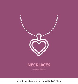 Heart shaped pendant on chain illustration. Flat line icon, jewelry store logo. Jewels accessories sign