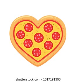 Heart shaped pepperoni pizza cartoon drawing isolated on white background. Funny pizza lovers vector illustration.