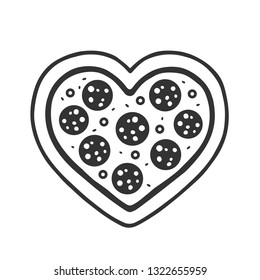 Heart shaped pepperoni pizza drawing. Funny pizza lovers doodle sketch, isolated vector illustration.