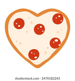 Heart shaped pepperoni pizza. Pizza with salami. Italian romantic fast food. Vector illustration in cartoon style. Isolated on white background
