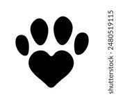 Heart shaped pet paw print vector logo design. Cat or dog paw print with 4 fingers and heartshapes base. Vet clinic logo clipart.