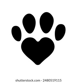 Heart shaped pet paw print vector logo design. Cat or dog paw print with 4 fingers and heartshapes base. Vet clinic logo clipart.