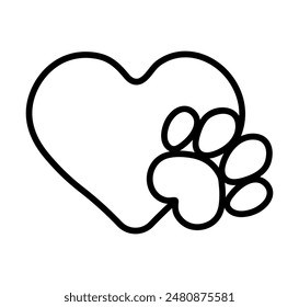 Heart and shaped pet paw print vector logo design. Cat or dog paw print with 4 fingers and heart shape. Vet clinic logo clipart.