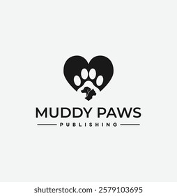 Heart shaped pet paw print vector logo design. Cat or dog paw