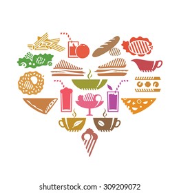Heart shaped pictograms of foods and drinks