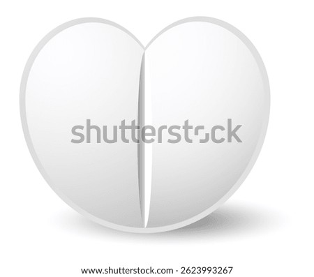 Heart shaped pill splitting in two symmetrical halves casting a shadow on white background, representing concepts such as love, health, medicine, and healthcare